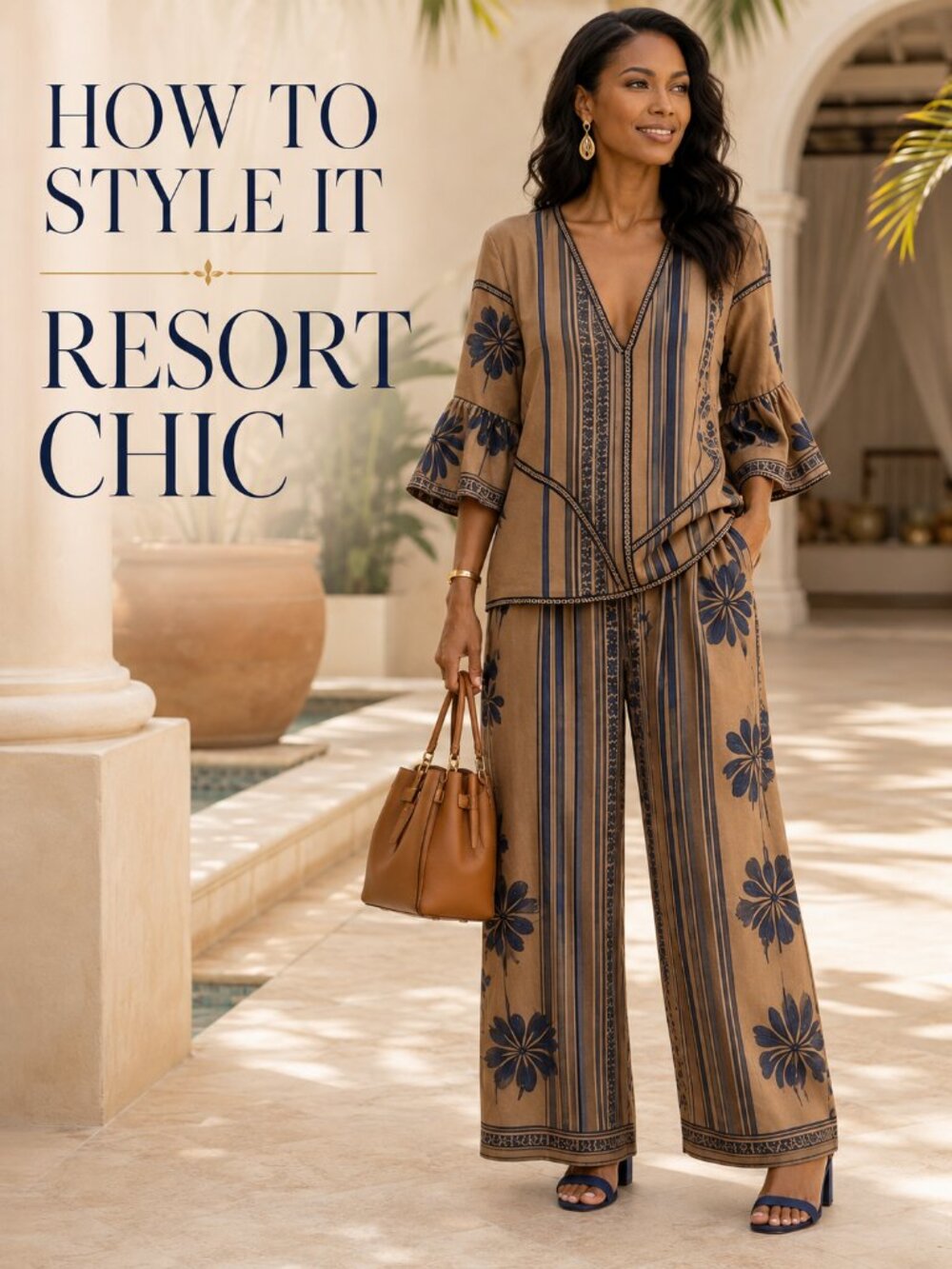 Boho Floral Stripe Bell Sleeve Wide Leg 2-Piece Pantsuit